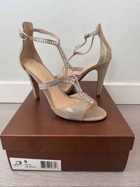 Audrey Brooke Gold T-Strap Crystal High Heel Sandals
